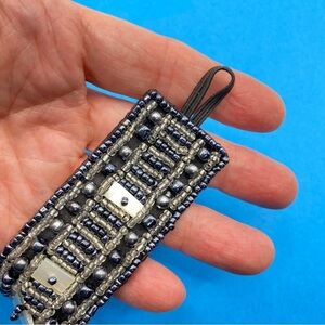 Seed Bead Cuff Black & Gray Wide Satin Lined Bracelet Artisan Made